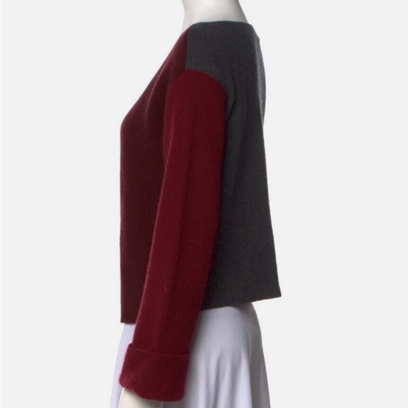 VINCE Cashmere burgundy and gray color block rounded v neck sweater - Picture 2 of 5